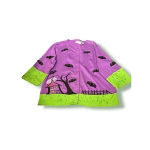 Vintage Michael Simon Lite Halloween Cardigan Haunted House Bats‎ Purple Cotton